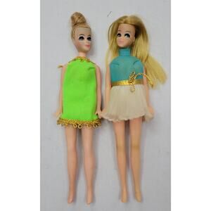 Lot of 2 Topper Dawn Dolls Original Blue Gold Dress & Mod Green w/ gold trim